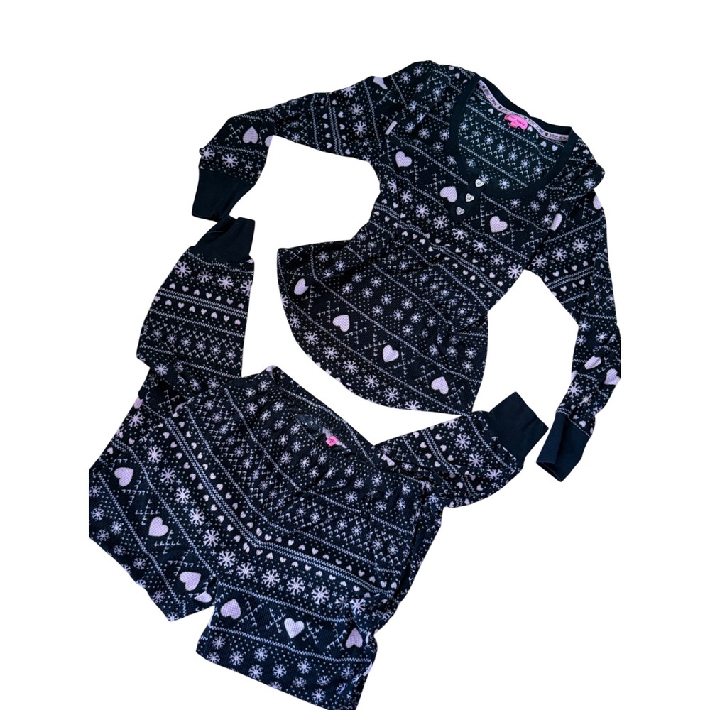 Betsey Johnson Womens Soft Pajama Set Black Pink Heart‎ Snowflake